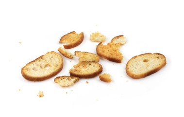 Sliced bruschetta on white background. Crusty bread bruschetta.