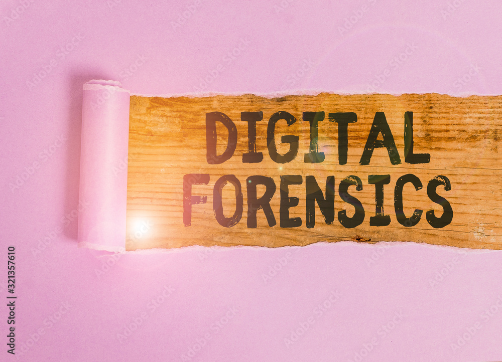 Aufkleber handwriting text digital forensics. conceptual photo investigation of material found in digital devi