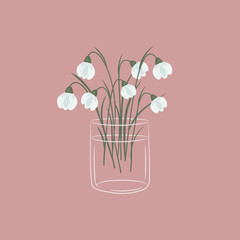 Snowdrops in a glass cup. Bouquet of spring flowers. Floral composition. Vector illustration on a pink background