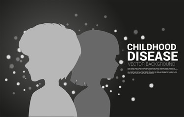Silhouette boy and girl with virus particle background. Concept for flu sickness and illness.
