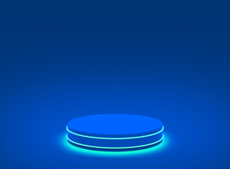 3d blue neon light cylinder podium minimal studio blue dark background. Abstract 3d geometric shape object illustration render. Display for technology product.