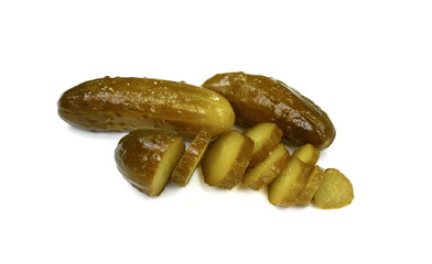 pickled or marinated cucumbers isolated on white background. Fresh sliced green pickles. 