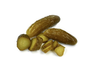 pickled or marinated cucumbers isolated on white background. Fresh sliced green pickles. 