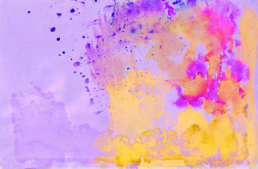 Abstract watercolor pattern. Yellow, pink, blue spots and streaks on a lilac background. Drawn by hand.