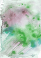 Abstract watercolor pattern. Green, turquoise, lilac spots and streaks on a gray background. Drawn by hand.