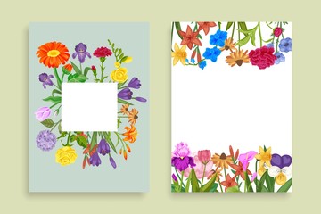 Floral banner set with flowers frame of roses, chamomiles, daisies, asters and blossoms, bellflowers cartoon vector illustration. Spring or summer flowers for womans day card.