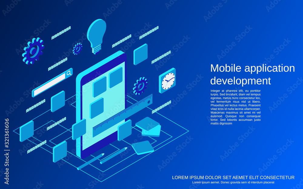 Aufkleber mobile application development, program coding flat 3d isometric vector concept illustration