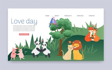 Couples in love cartoon animal lovers characters panda, lions, foxes and pigs on loving date on Valentines day loved vector illustration. Love day in forest animals.