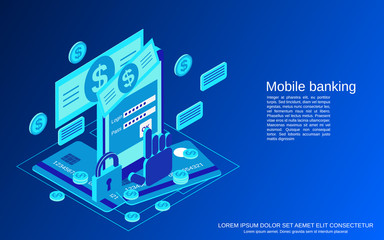 Mobile money transfer, payment, online banking, financial transaction flat isometric vector concept illustration