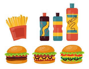 Set Of Colorful Fast Food Icons Isolated On The White Background. Three Types Of Burgers, Sauces And French Fries. Cartoon Flat Style. Vector Illustration