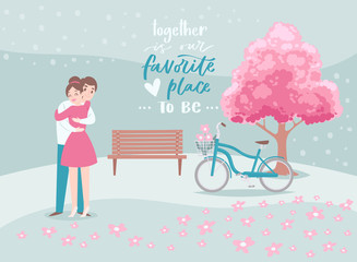 Valentine s Day romantic beloved couple hugs, cartoon people characters boy and girl lovers with bicycle and pink blossom tree vector illustration. Valentines day of love hugging girl and boy.