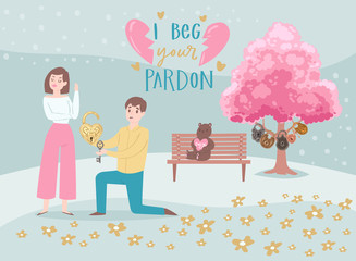 Valentine s Day couple in love, cartoon people characters boy with heart lock begs pardon from girl lovers vector illustration. Valentines day with broken heart and pink blossom tree of love.
