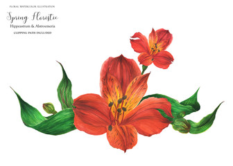 Garland bouquet with red peruvian lily flowers, realistic watercolor illustration with clipping path