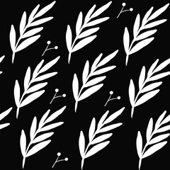 Seamless floral leaf pattern. Stylish repeating texture. Repeating texture with leaves. Black and White. Black background.