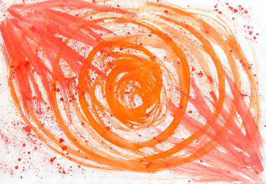 Watercolor abstract background with red and orange splashes and line of paint on white paper. Hand painted texture. Art imitation of a cosmic explosion or electromagnetic field.