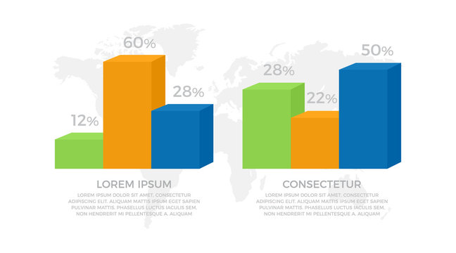 Set of green, orange, blue elements for infographic with world map presentation slides.
