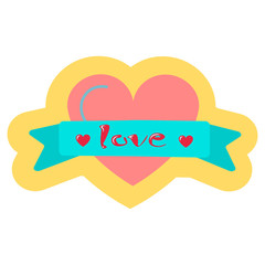 Sticker heart decorated with ribbons and inscription Love for the holiday Valentine's Day.