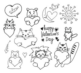 Set of doodle elements for Valentine's Day. Outline. Stock vector illustration.
