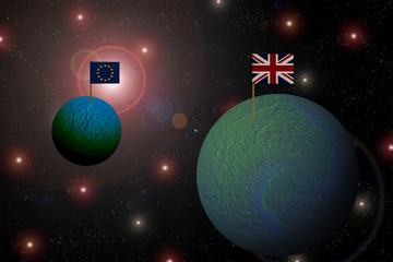 Fototapeta na wymiar concept with European Union flag on abstract planet and British flag on another far planet in fantasy outer space environment 3d illustration