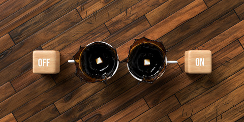 cups of coffee and cubes with text OFF and ON on wooden background