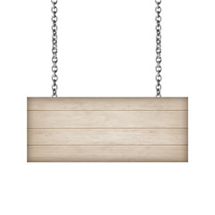 Wooden sign hanging on a chain isolated on white