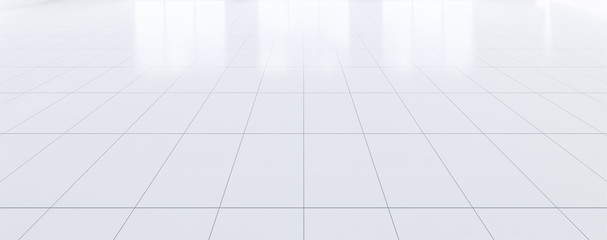 White tile floor background in panorama perspective view. Clean, shiny and symmetry with grid line...