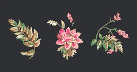 Behang Colorful flower on dark background,Flowers watercolor illustration,leaves and floral，Design for textile, wallpapers © TAOZHU GONG