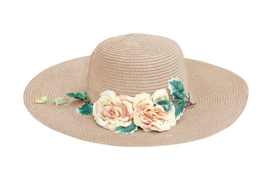 Pretty straw hat with flower on white background