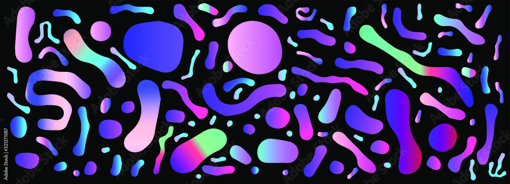 Poster abstract colorful blobs set in gradient blue, cyan, pink, green colors. hatched shapes and dots, flo