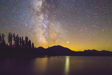 Starry Nightime Astrophotograph of the Milky Way Above a Mountain Lake