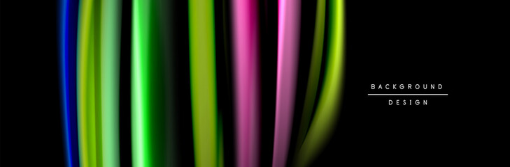 Silk and smooth flow wave poster design. Color waves, liquid style lines and shapes in black color background