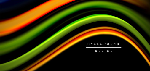 Abstract silk smooth lines on black, multicolored liquid fluid rainbow style waves on black