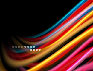 Silk smooth lines on black, liquid fluid color waves. Vector Illustration