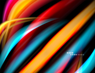 Silk smooth lines on black, liquid fluid color waves. Vector Illustration