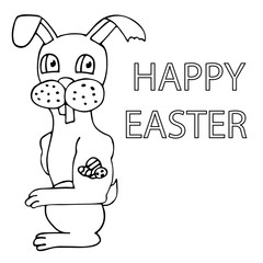 cool cartoon easter bunny with easter eggs tattoo. happy easter. white background isolated outline vector illustration