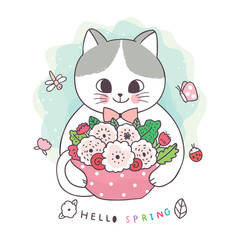 Cartoon cute spring, Cat and butterfly and bee and flower vector.