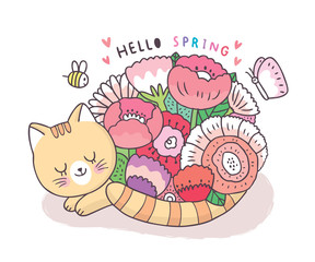 Cartoon cute spring, Cat and butterfly and bee and flower vector.