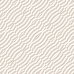 Vector geometric seamless pattern with rhombuses, stripes, diagonal lines, zigzag, chevron. Subtle modern abstract striped texture. Delicate white and beige background. Decorative design element