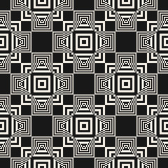 Vector geometric seamless pattern with intersecting squares, lines. Optical illusion effect. Abstract black and white checkered texture. Modern dark linear monochrome background. Repeatable design 