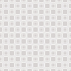 Vector abstract geometric seamless pattern with delicate grid, small rounded shapes, squares, circles, net, mesh, lattice, weave. Subtle white and light gray background. Simple minimal repeat design