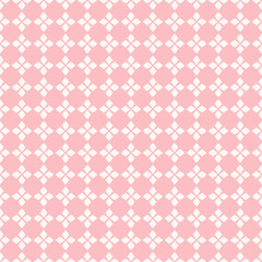 Cute vector geometric seamless pattern. Traditional floral ornament. Texture with small rhombuses, flower silhouettes, diamond shapes. Pink and white colors. Repeatable background for decor, textile 