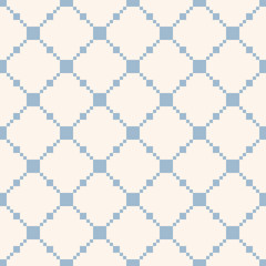 Vector square grid texture. Delicate light blue and white seamless pattern. Simple abstract minimal ornament with squares, net, mesh, grill, lattice. Subtle repeat background. Design for wallpapers