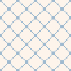 Vector square grid texture. Delicate light blue and white seamless pattern. Simple abstract minimal ornament with squares, net, mesh, grill, lattice. Subtle repeat background. Design for wallpapers