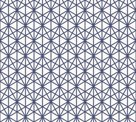 Geometric triangles seamless pattern. Vector abstract blue and white graphic texture. Simple background with triangular grid, hexagons, rhombuses, net, mesh. Modern sacred geometry. Repeatable design