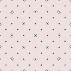 Vector seamless pattern with small diamonds, stars, rhombuses. Simple geometric background in light pink and blue color. Subtle abstract minimalist texture. Minimal repeat design for decor, wallpapers
