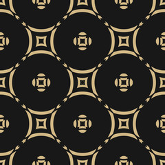 Golden vector floral seamless pattern. Gold and black abstract minimal background. Elegant graphic ornament with flower shapes, round grid, lattice. Simple luxury geometric texture. Repeatable design