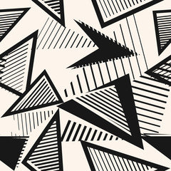 Abstract black and white seamless pattern. Sport style texture with chaotic shapes, triangles, arrows, lines, stripes. Monochrome urban art vector background. Simple repeat design for print, decor