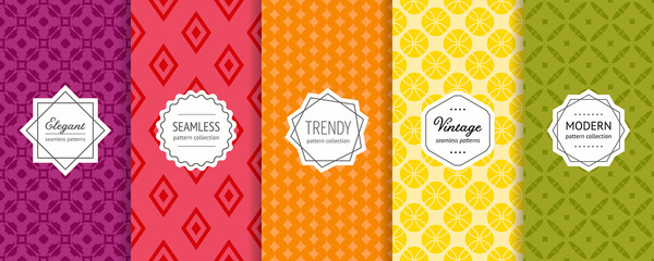 Vector geometric seamless pattern collection. Set of bright colorful background swatches with elegant modern labels. Cute abstract textures. Pretty design in green, yellow, orange, red, wine color
