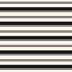 Horizontal stripes pattern. Simple vector seamless texture with thin and thick lines. Modern abstract black and white geometric striped background. Monochrome repeat design for tileable print, decor