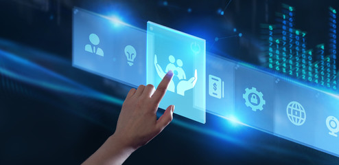 Insurance concept.  Client click on insure button. Insurance icons: car, travel, family and life insurance, financial and health.